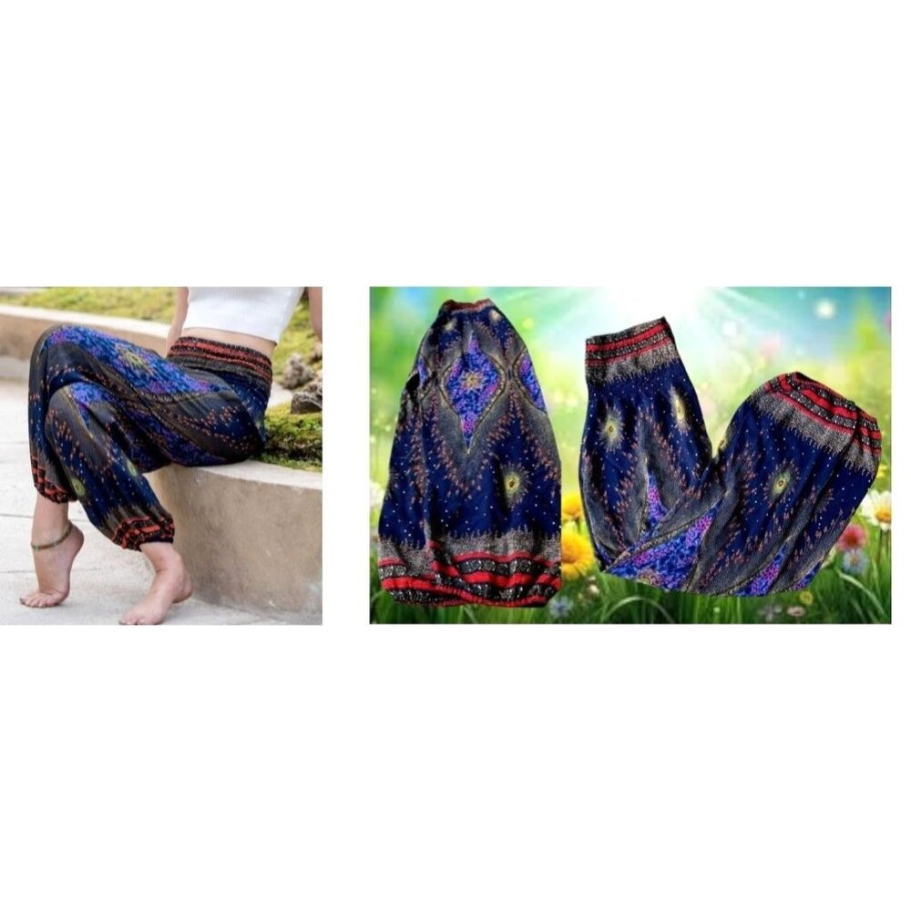 Harem Pants One Size Navy Multicolors Cosmic Stretch Waist  Yoga Exercise READ